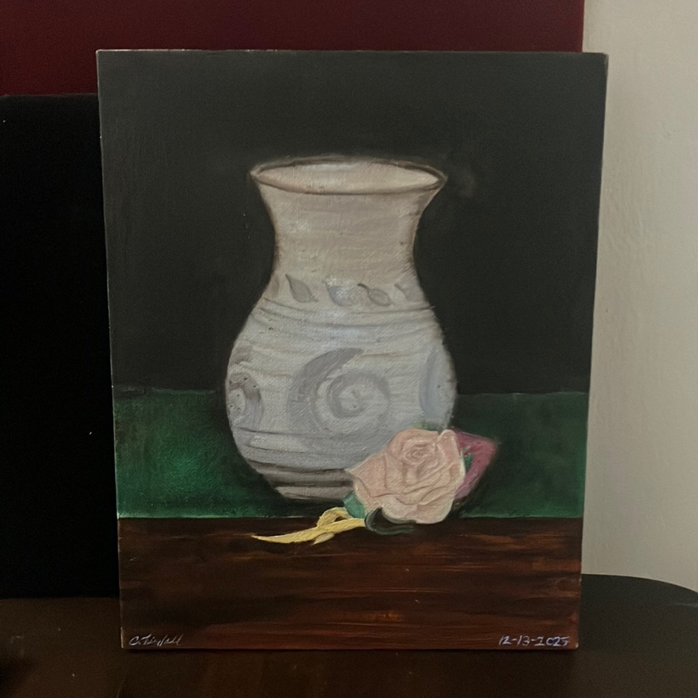Oil Painting of Welsh Vase with Rose 8" x 10" Canvas Panel